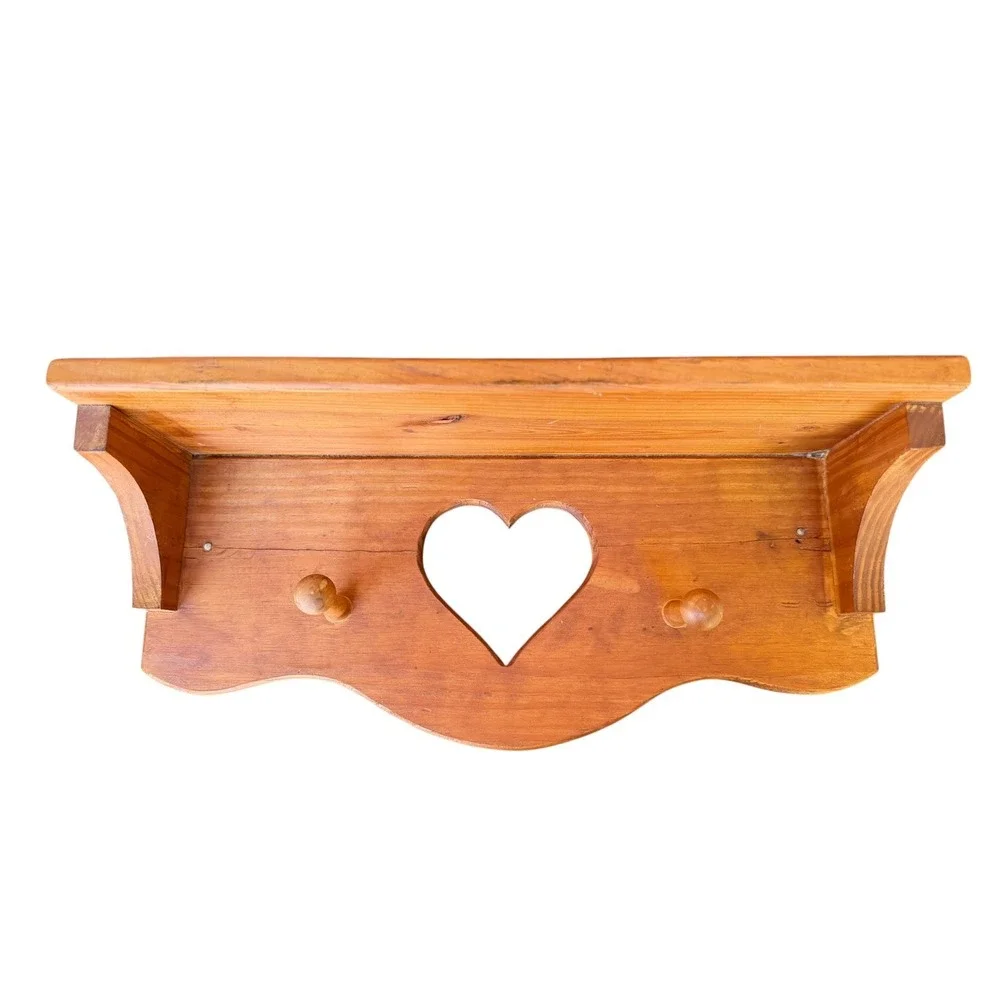 Vintage Pine Wood Heart Cutout Wall Shelf with Pegs Country Farmhouse Decor